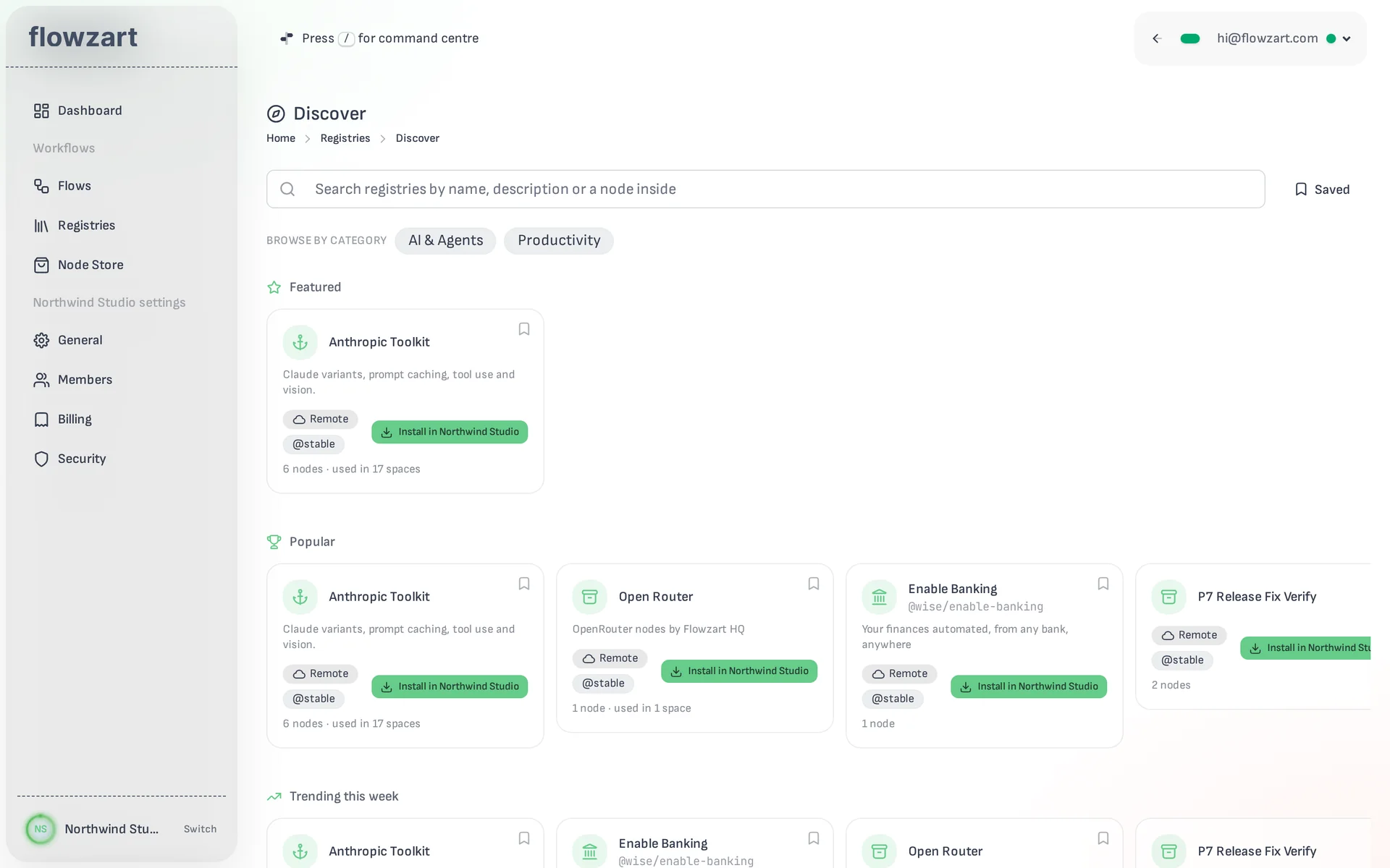 The Discover page of the Node Store with featured and popular registries.