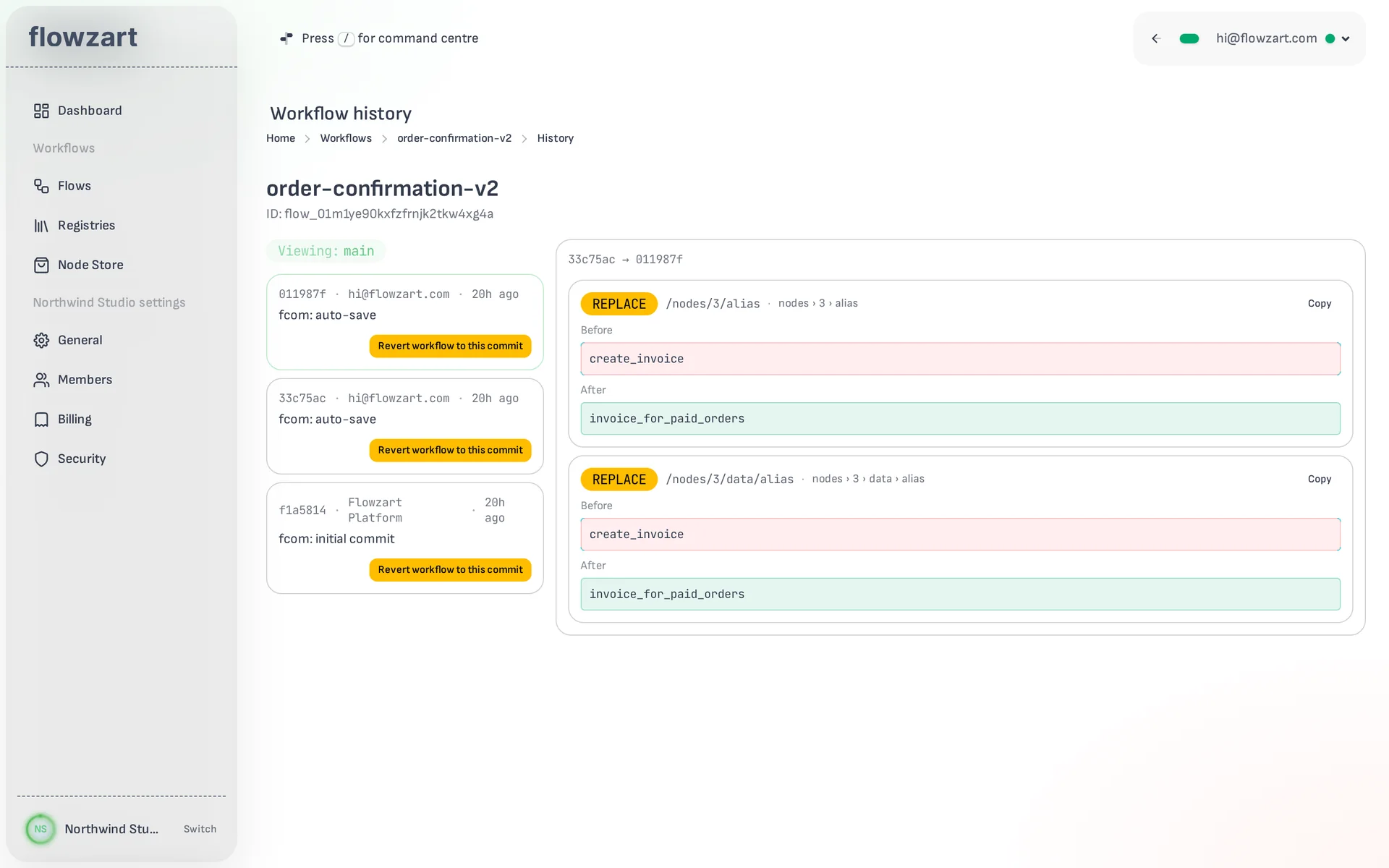 The history page with a commit selected and its diff listed field by field.