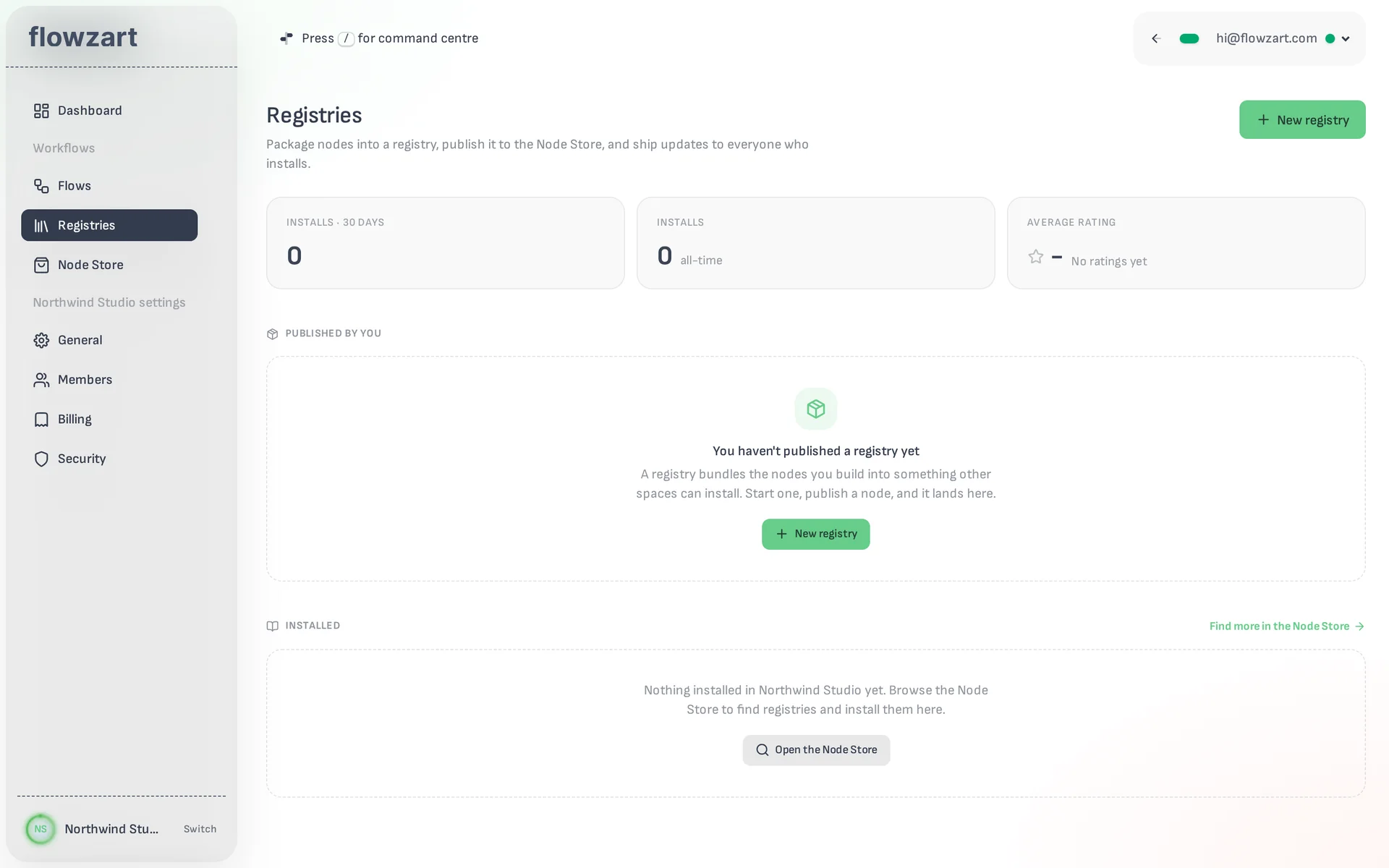 The Registries page of a space, with install counts and the registries it publishes.