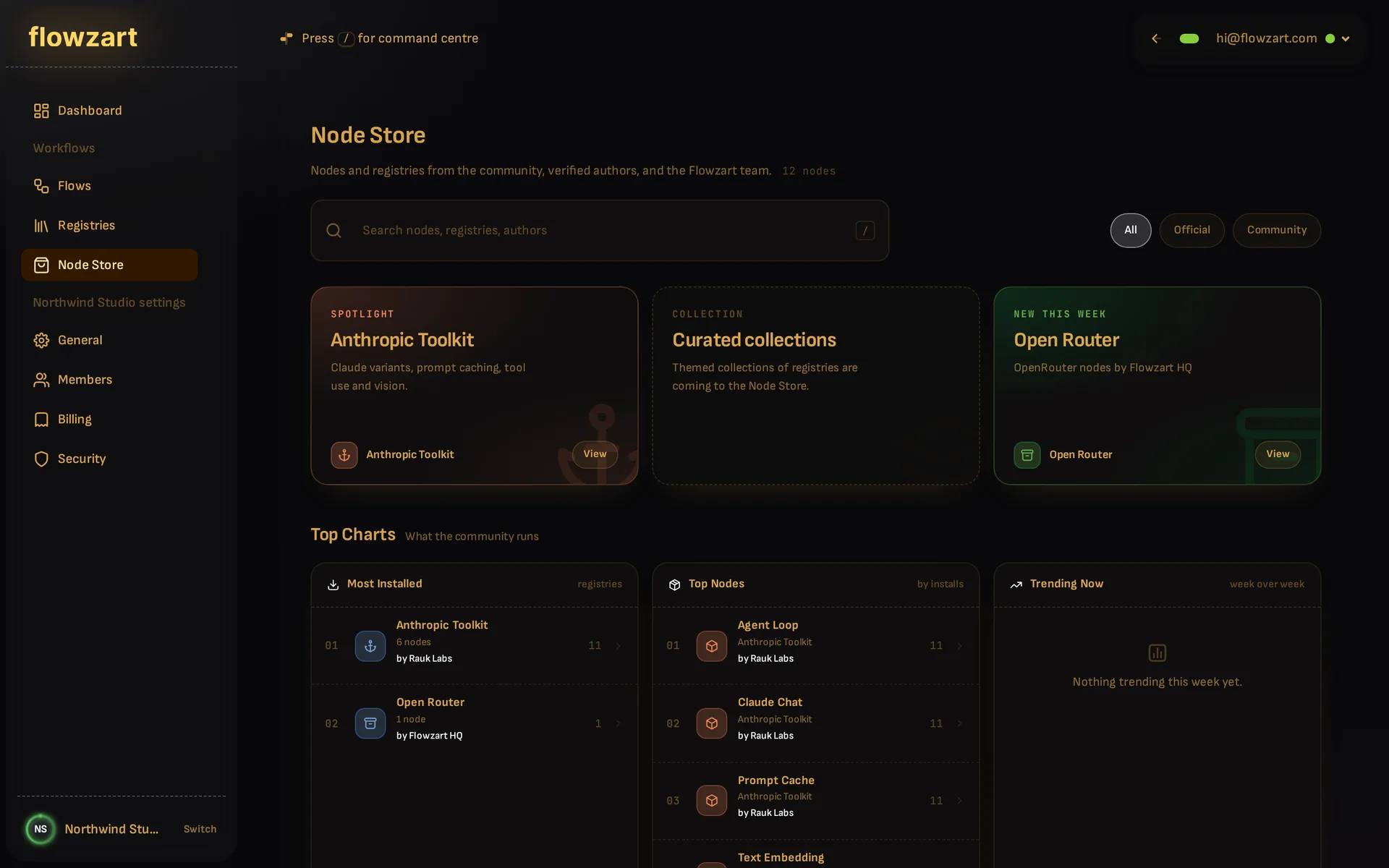The Node Store home, with a spotlight pack, top charts and what is new this week.