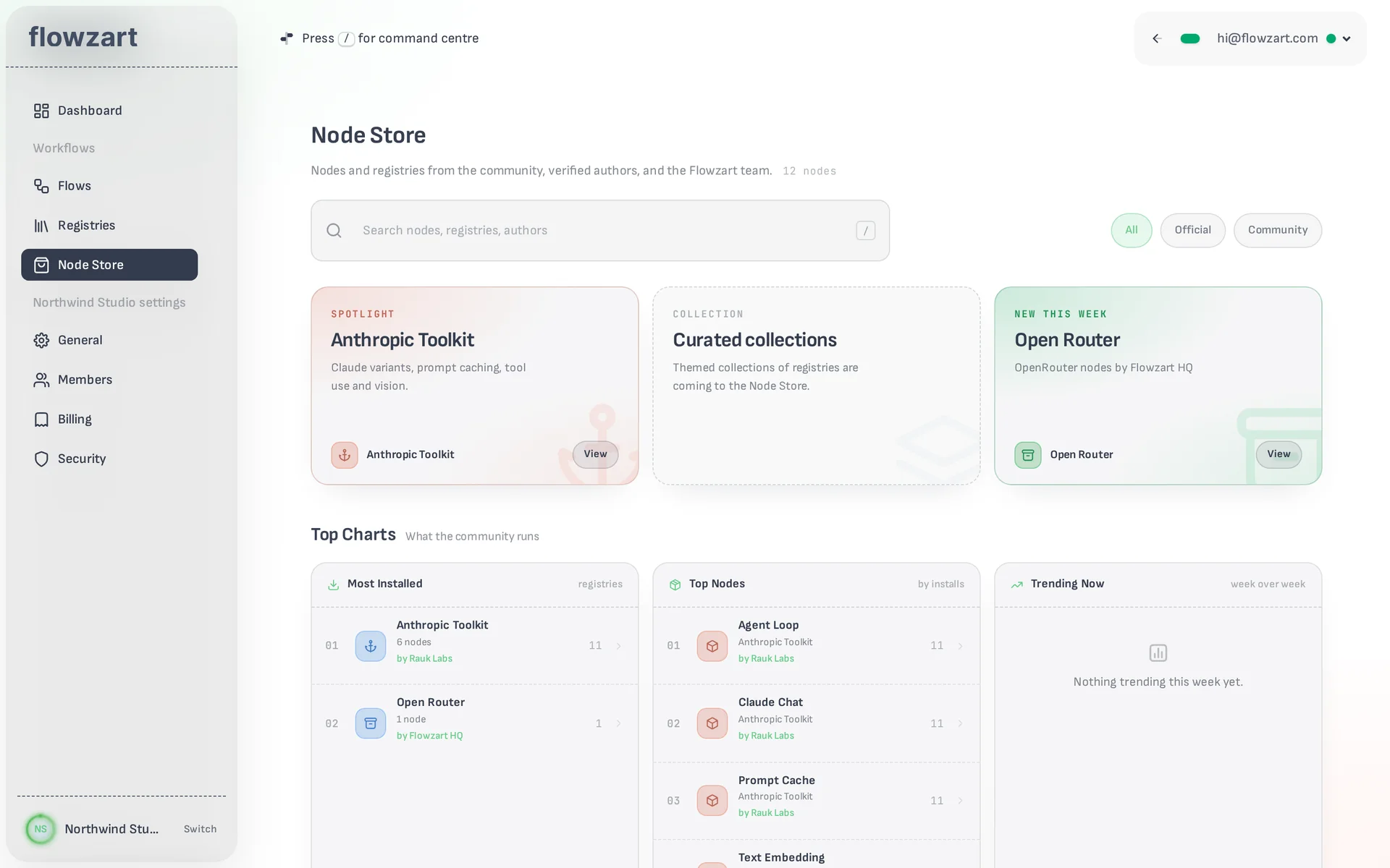 The Node Store home, with a spotlight pack, top charts and what is new this week.